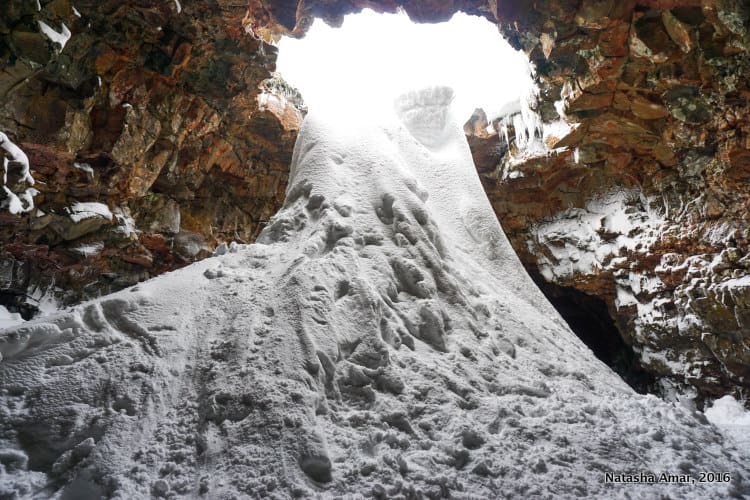 Raufarhólshellir lava-tube cave in winter
