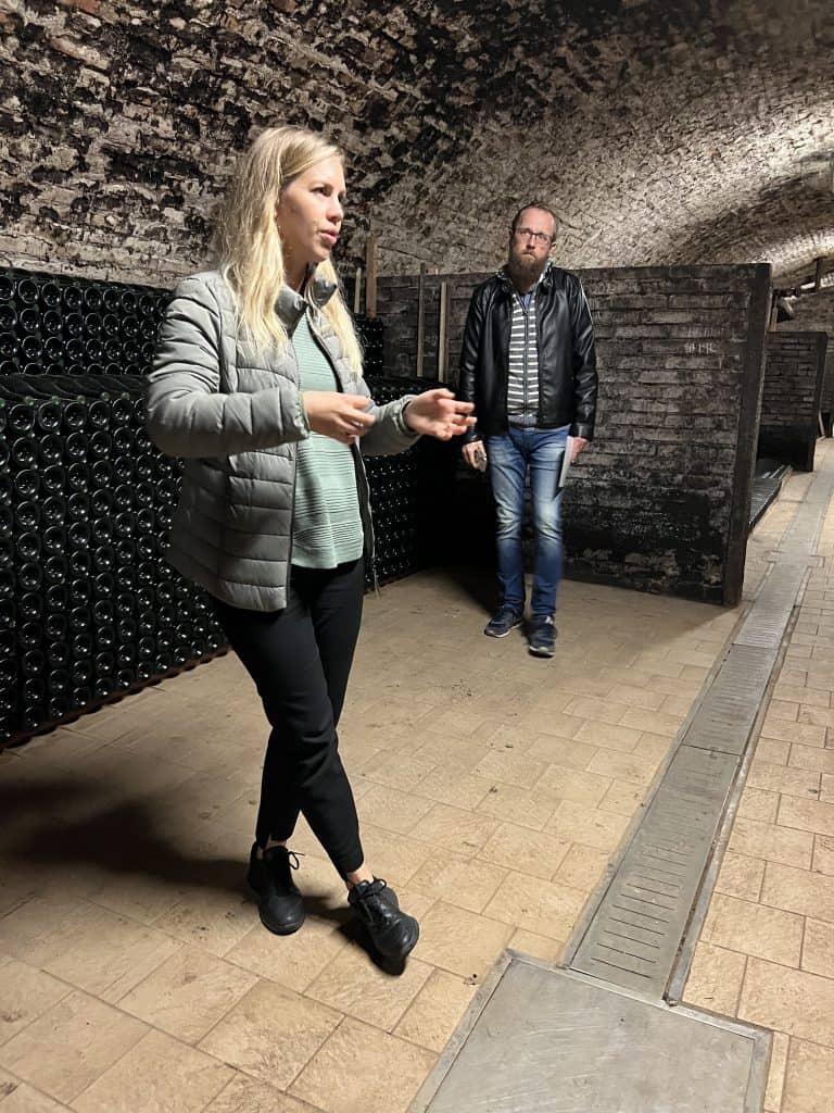 A blonde woman in a green top, gray jacket and black pants is explaining something with her hands in front of her. Next to her is a man in a striped sweater and black jacket and blue jeans, looking at her. They are in a wine cellar and there are wine bottles stacked behind them against the walls. 