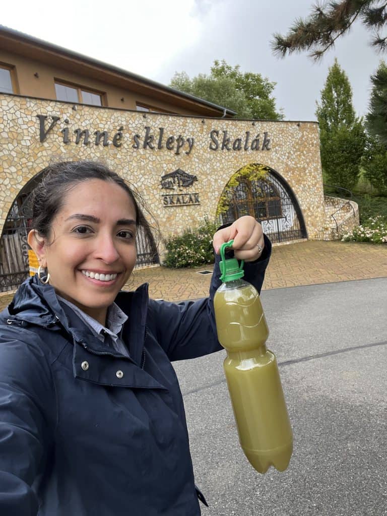 A woman in a navy blue jacket and light blue jeans is holding up a bottle of green grape juice. Behind her is a building with a sign that reads Vinne sklepy Skalak (Skalak winery)