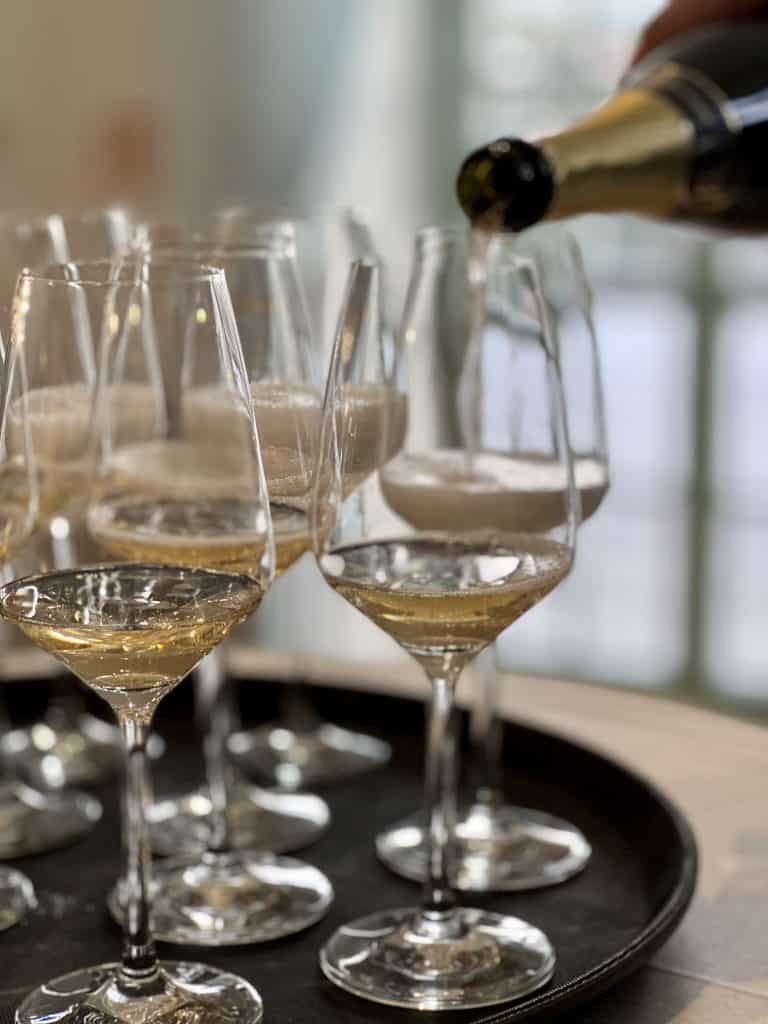 A close up of white wine being poured into wine glasses at a winery during wine tasting.