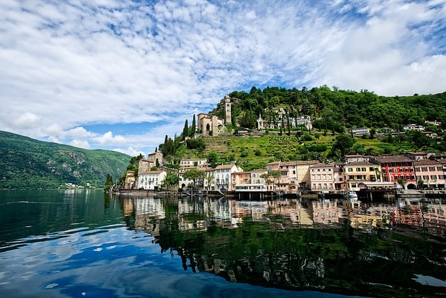 The village of Morcote with its houses and buildings in Ticino stands along the water