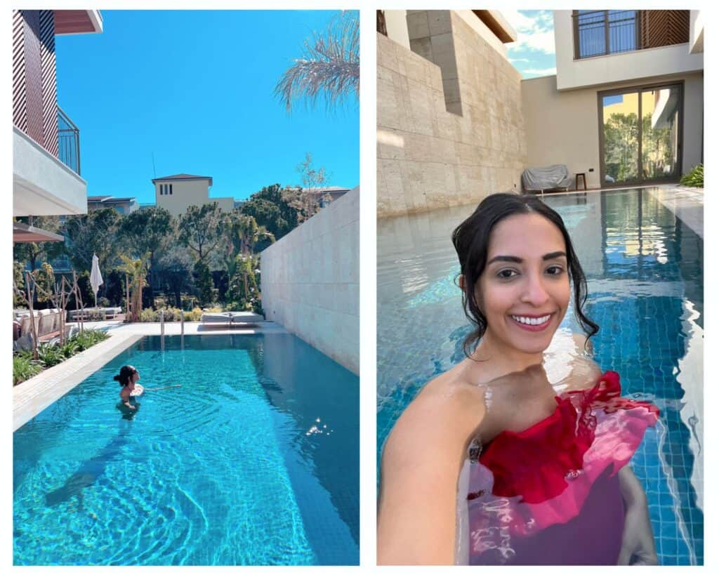 A collage of two images, on the left is a woman in a villa's private pool. The water is bright blue, beyond her is a terrace with palm trees. The second image is a pool selfie with the woman in a red swimswuit, her dark hair in a low bun, and she is smiling. 